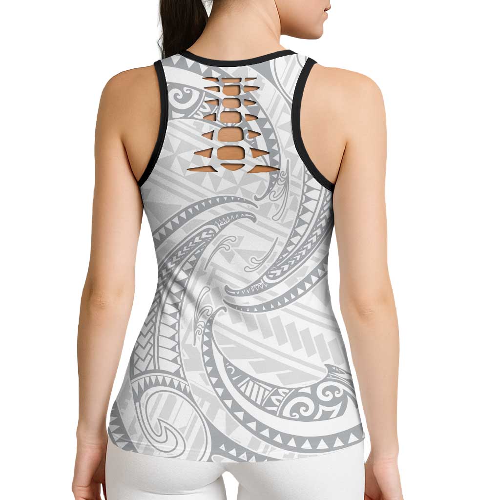 White Sunday Lotu Tamaiti Hollow Tank Top Polynesian Wave Pastel Gray - Polynesian Pride