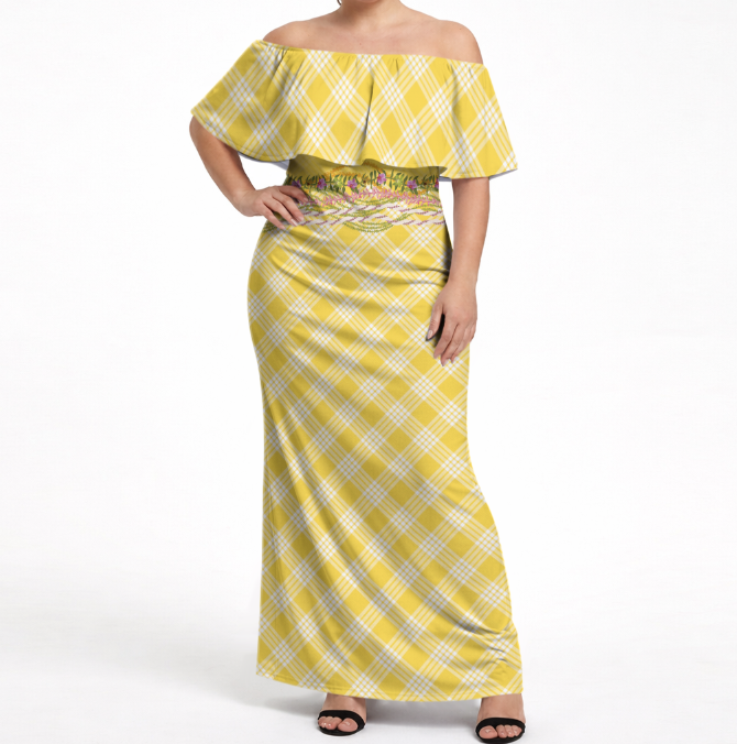 Yellow Hawaii Palaka Pikake Lokelani Plumeria Off Shoulder Maxi Dress Melemele LT01 Women Yellow - Polynesian Pride