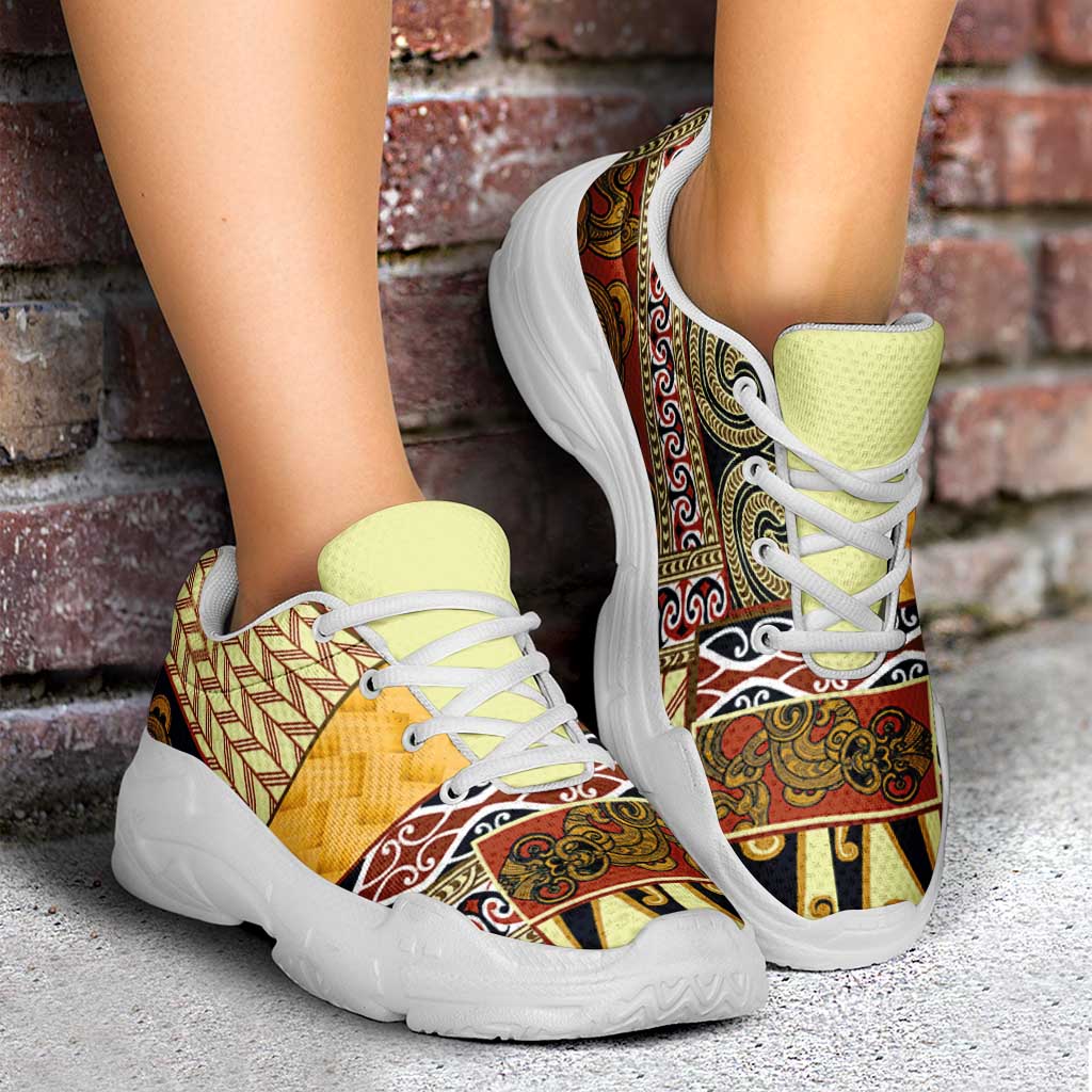 Yellow Aotearoa Kowhaiwhai Pattern Chunky Sneakers NZ Maori Quilt Style - Polynesian Pride
