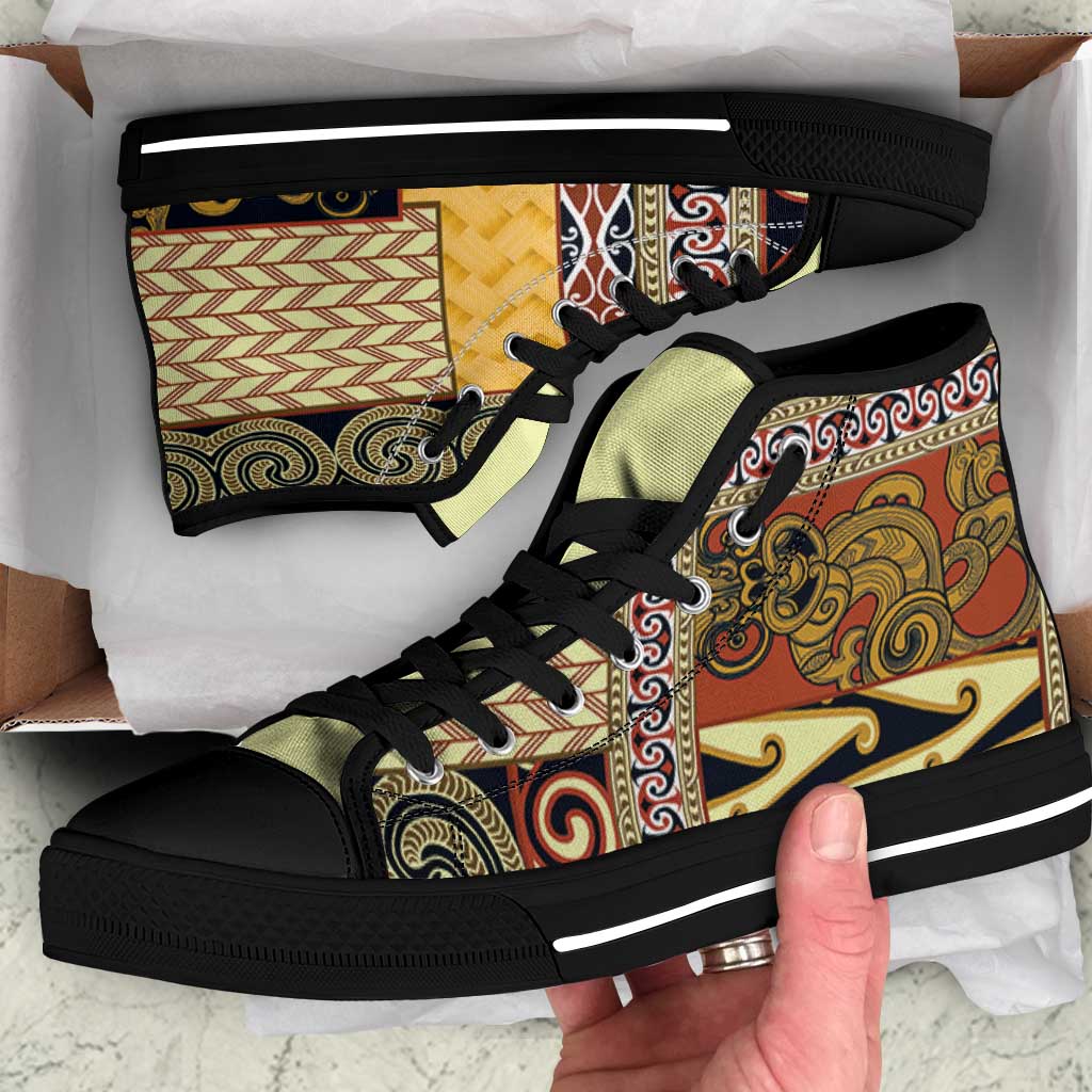 Yellow Aotearoa Kowhaiwhai Pattern High Top Shoes NZ Maori Quilt Style LT14 Yellow - Polynesian Pride
