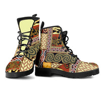 Yellow Aotearoa Kowhaiwhai Pattern Leather Boots NZ Maori Quilt Style - Polynesian Pride