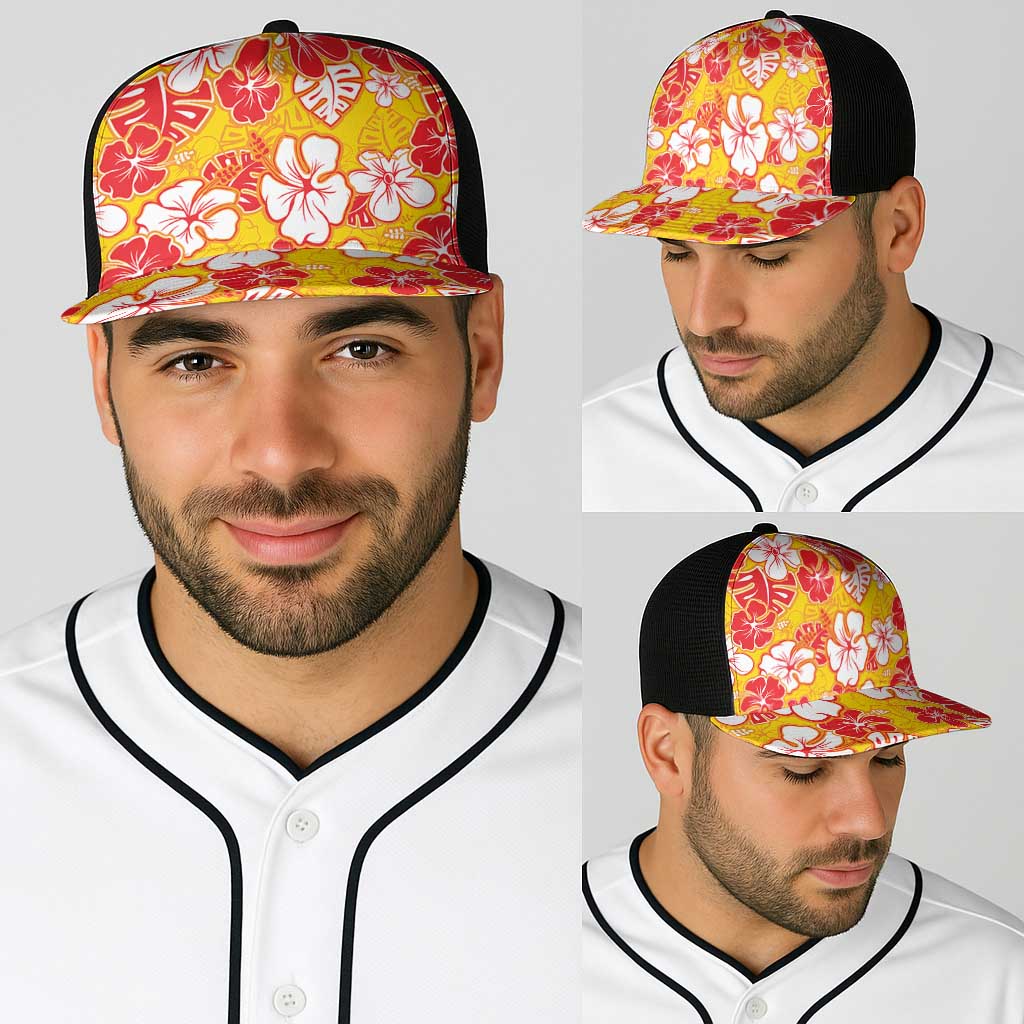 Yellow Hawaii Hibiscus Baseball Net Cap Tropical Flowers Seamless Pattern - Polynesian Pride