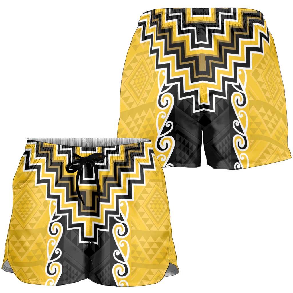 Yellow Niho Taniwha Mix Poutama Shorts for Women Unique Taniko Aotearoa LT01 - Polynesian Pride