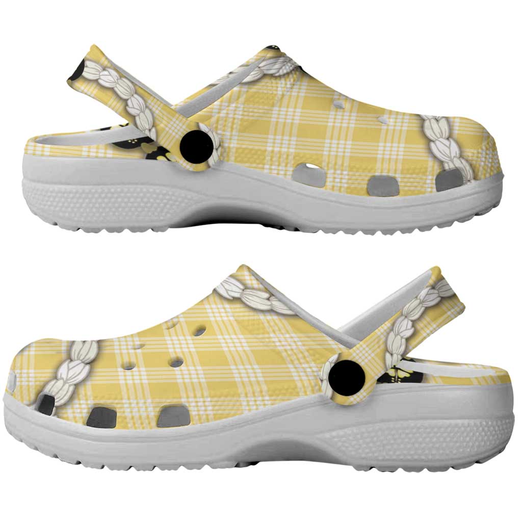 Yellow Palaka Hawaii Clogs Shoes Kukui Nut Pikake Lei Hawaiian Tapa Pattern - Polynesian Pride