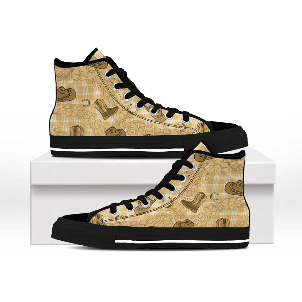 Yellow Palaka Hawaii Cowboy High Top Shoes Puakenikeni Lei Paniolo Papale Seamless Vibes - Polynesian Pride