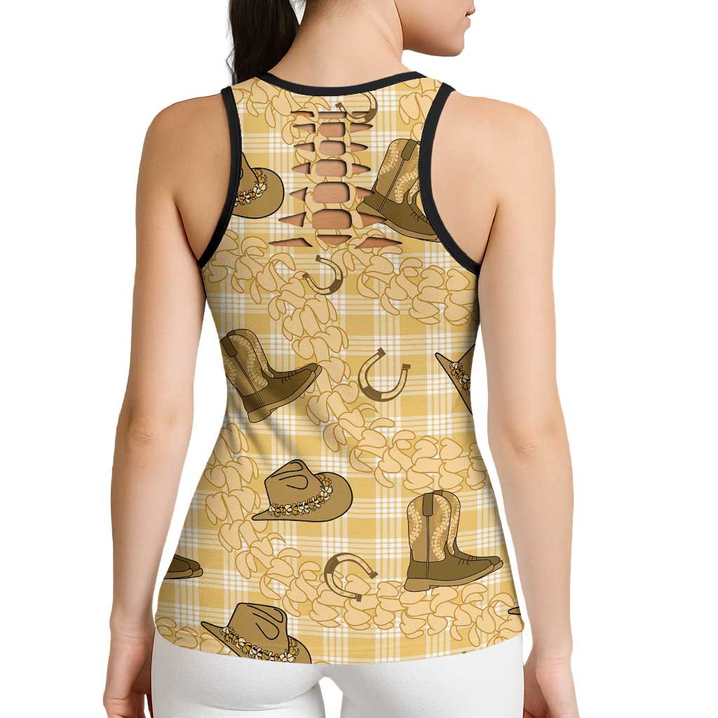 Yellow Palaka Hawaii Cowboy Hollow Tank Top Puakenikeni Lei Paniolo Papale Seamless Vibes LT14 - Polynesian Pride