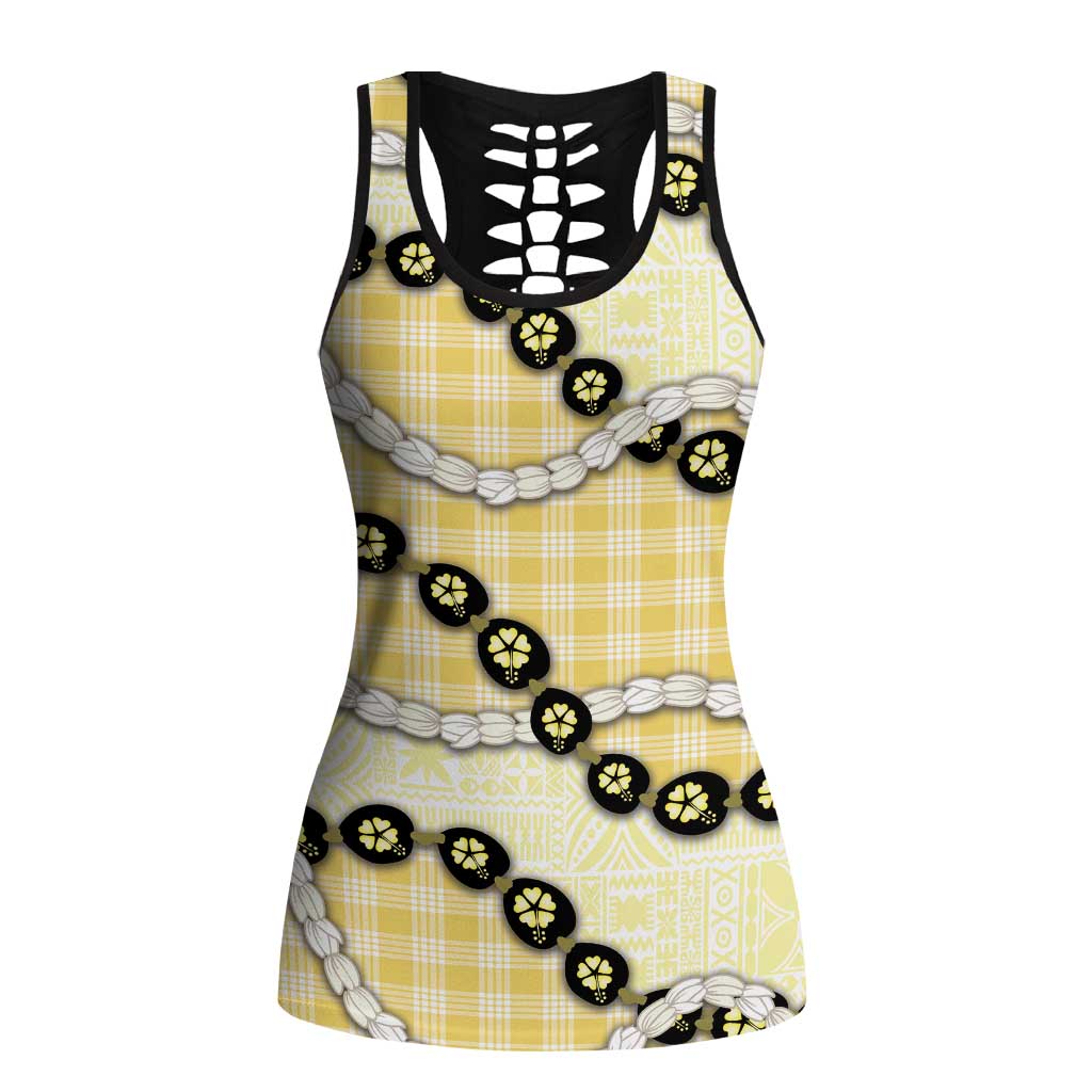 Yellow Palaka Hawaii Hollow Tank Top Kukui Nut Pikake Lei Hawaiian Tapa Pattern - Polynesian Pride