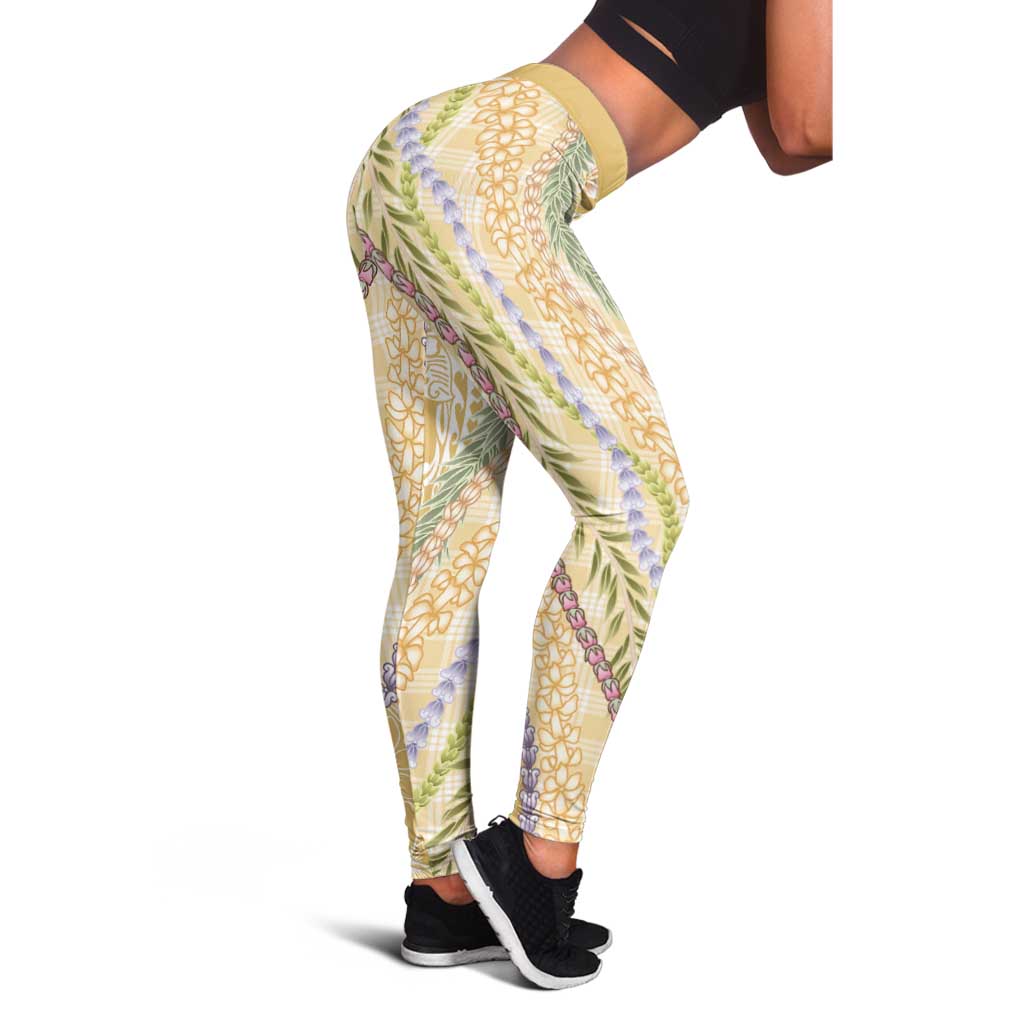 Yellow Palaka Hawaii Leis Leggings Hawaiian-plaid Elegant Tropical Vibes - Polynesian Pride