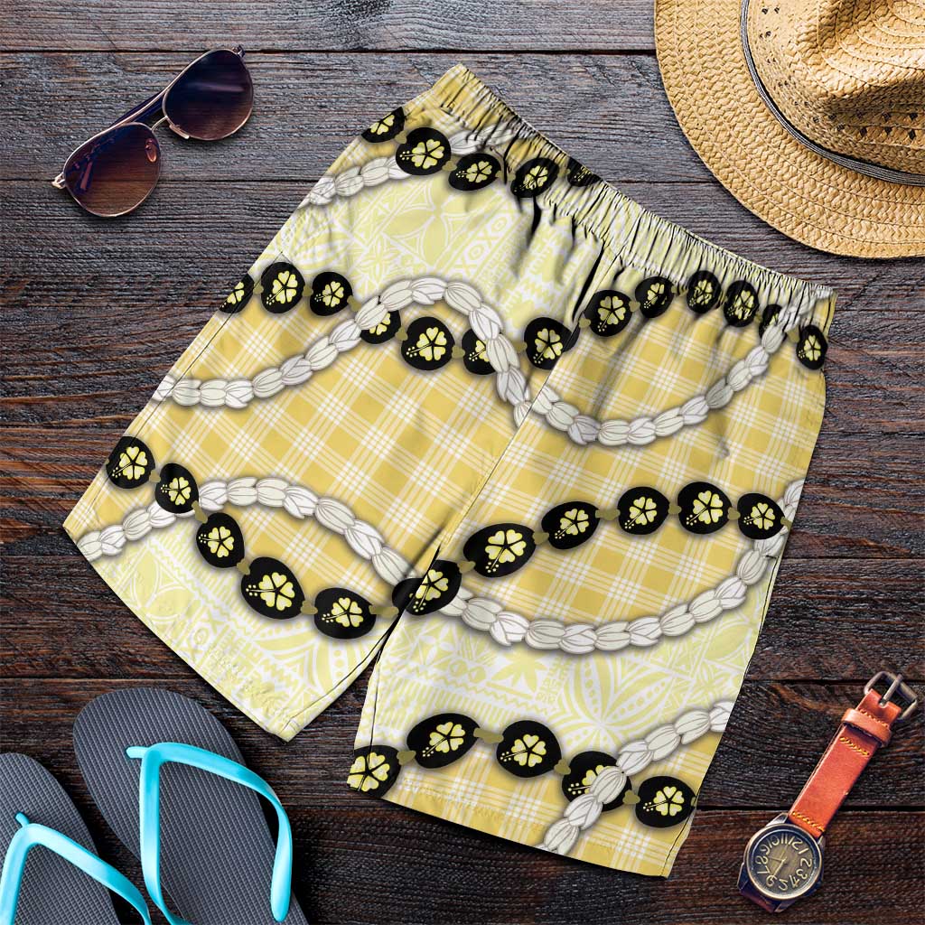 Yellow Palaka Hawaii Shorts for Men Kukui Nut Pikake Lei Hawaiian Tapa Pattern - Polynesian Pride