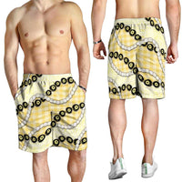 Yellow Palaka Hawaii Shorts for Men Kukui Nut Pikake Lei Hawaiian Tapa Pattern - Polynesian Pride