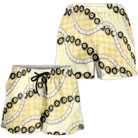 Yellow Palaka Hawaii Shorts for Women Kukui Nut Pikake Lei Hawaiian Tapa Pattern - Polynesian Pride