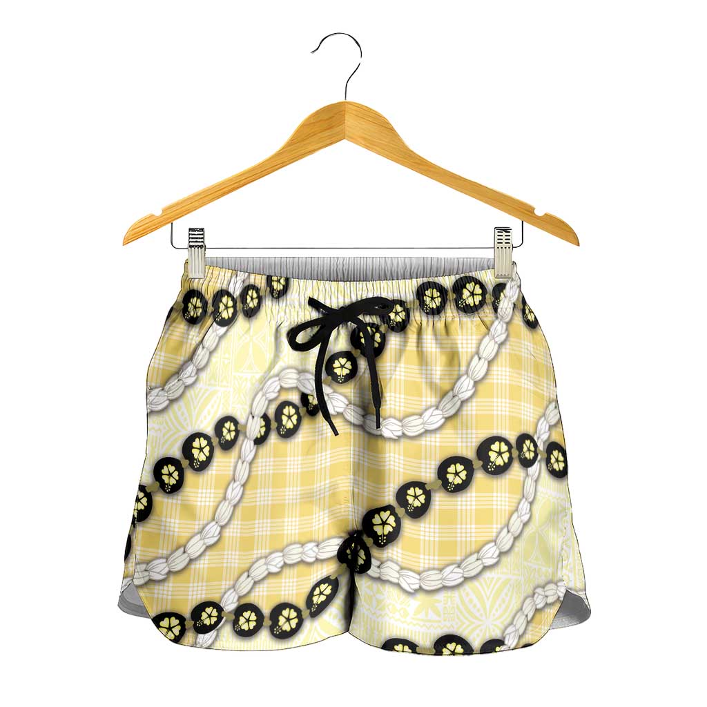 Yellow Palaka Hawaii Shorts for Women Kukui Nut Pikake Lei Hawaiian Tapa Pattern - Polynesian Pride