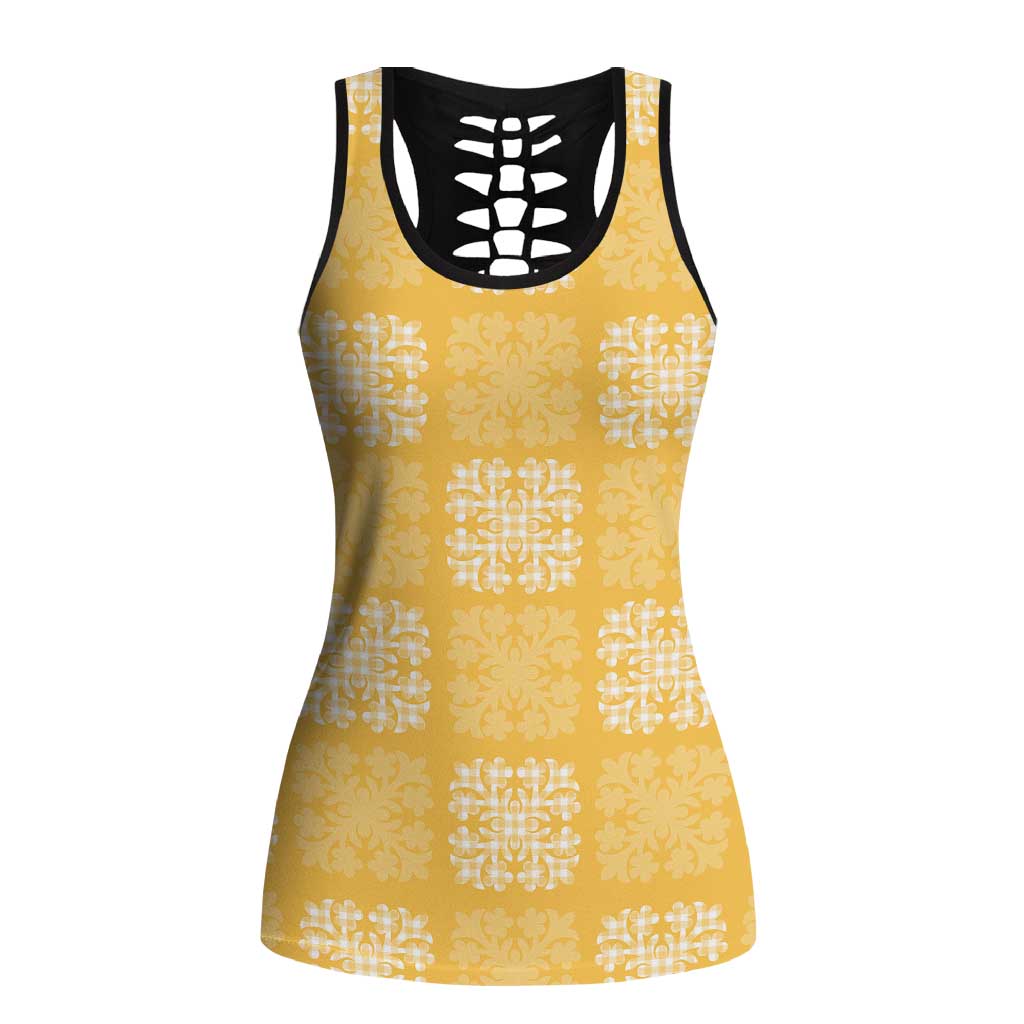 Yellow Palaka Quilt Hawaii Hollow Tank Top Traditional Hawaii-plaid Pattern LT14 Female Yellow - Polynesian Pride