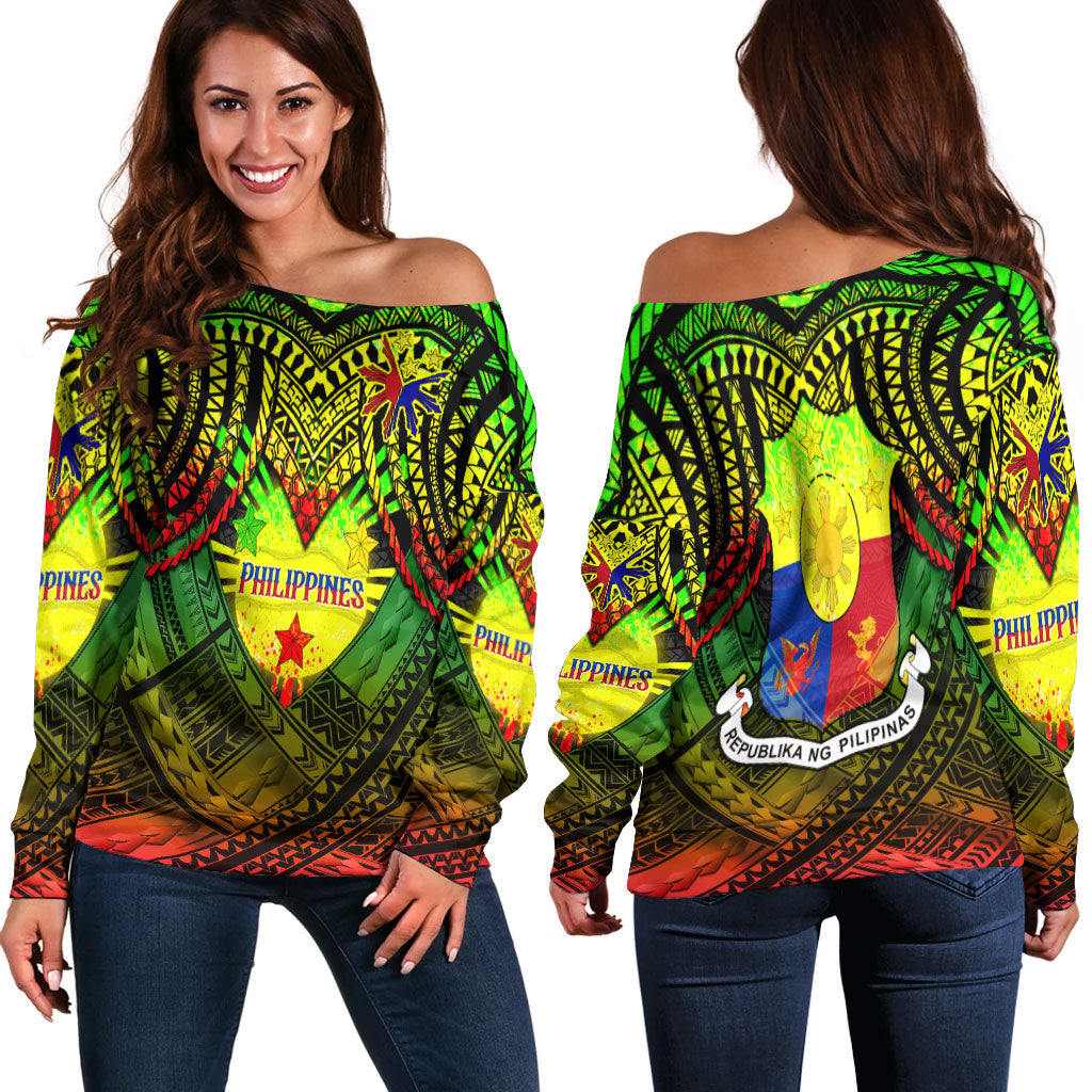 Philippines Women Off Shoulder Sweater - Custom Hope Begins In Your Home Reggae Style Women Reggae - Polynesian Pride