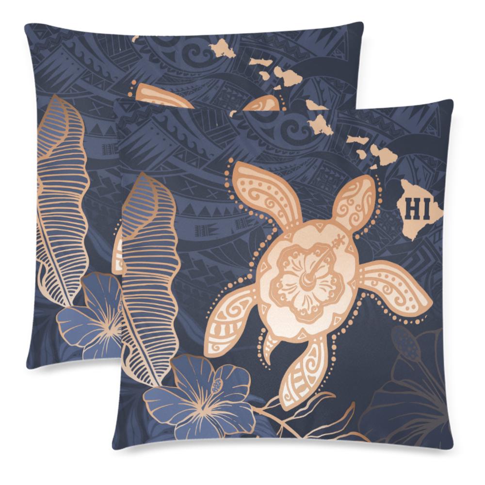 Hawaiian Map Turtle Ohana Hibiscus Kakau Polynesian Pillow Cover - Ver 2 One Size Zippered Pillow Cases 18"x 18" (Twin Sides) (Set of 2) Indigo - Polynesian Pride