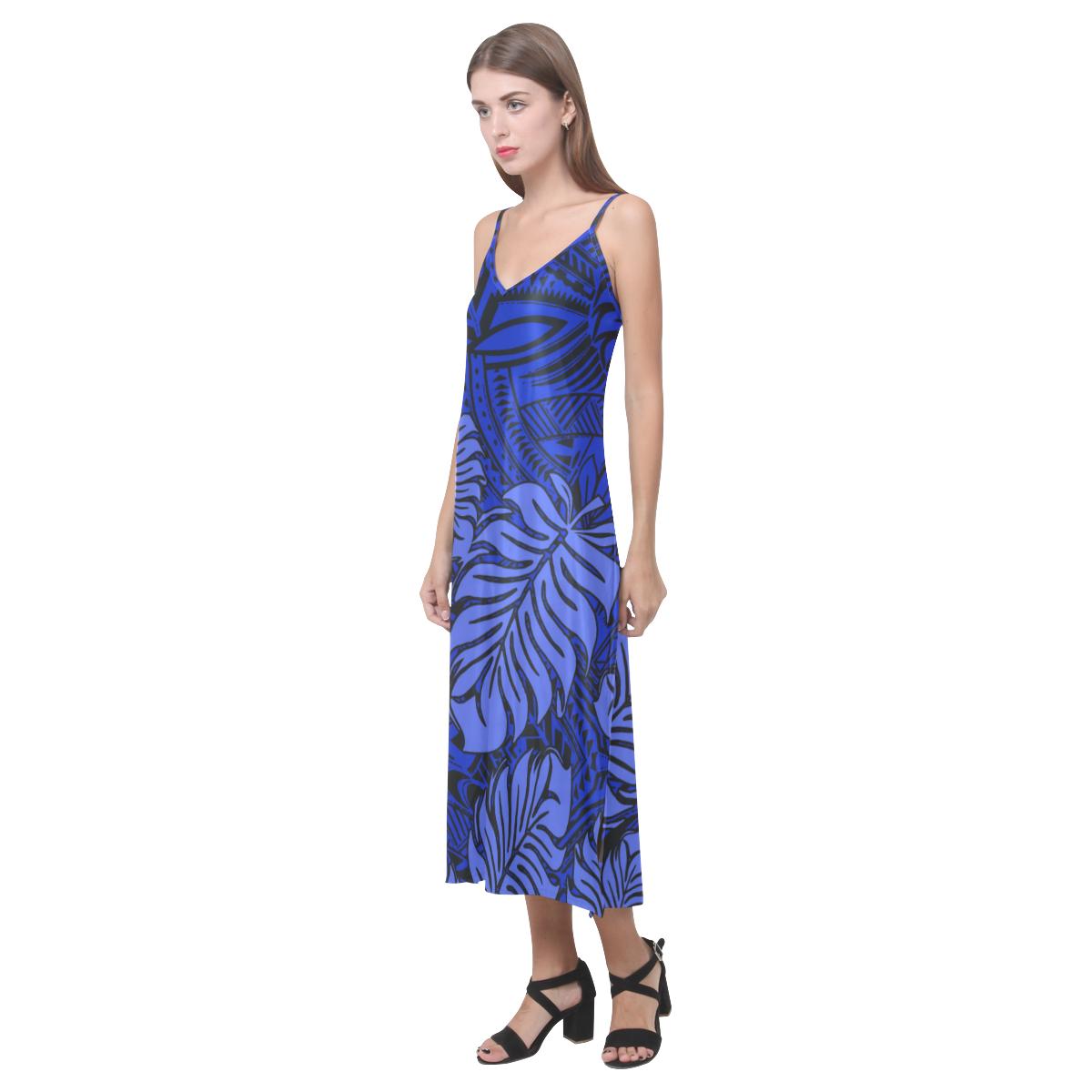 Polynesian V - Neck Open Fork Long Dress - Blue Palm Women Blue - Polynesian Pride