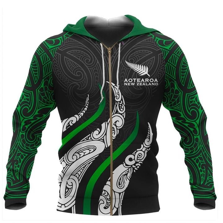 New Zealand Maori Zip Hoodie, Aotearoa Koru Fire Style Unisex Black - Polynesian Pride