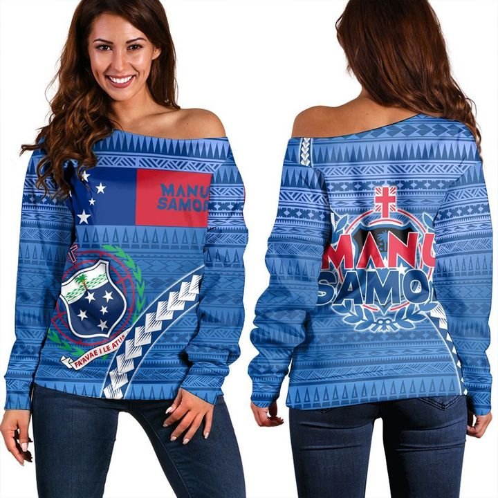 Manu Samoa Rugby Women Off Shoulder Sweater Blue - Polynesian Pride