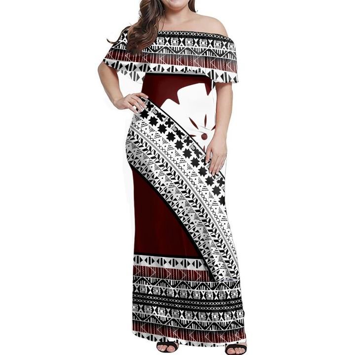 Fiji Masi Curve Off Shoulder Long Dress Women Brown - Polynesian Pride