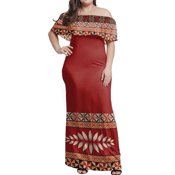 Tonga Ngatu Off Shoulder Long Dress Women Red - Polynesian Pride