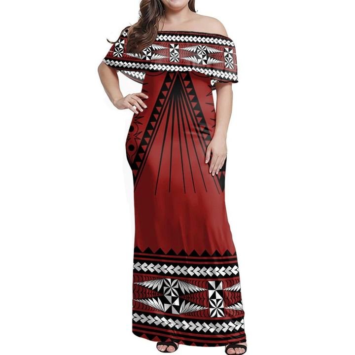 Tonga Pattern Style Off Shoulder Long Dress Women Red - Polynesian Pride