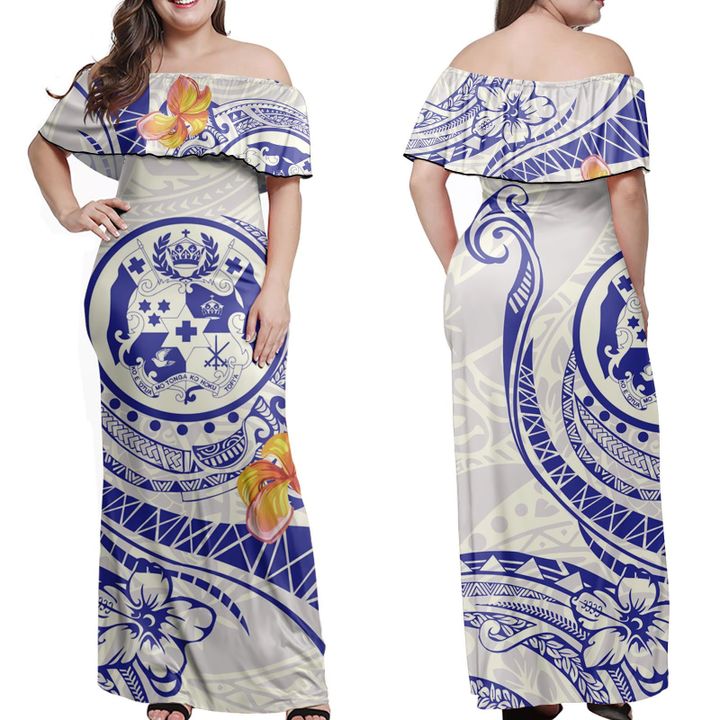 Tropical Leaf Tonga Coat Of Arms Polynesia Blue Off Shoulder Long Dress Women Blue - Polynesian Pride