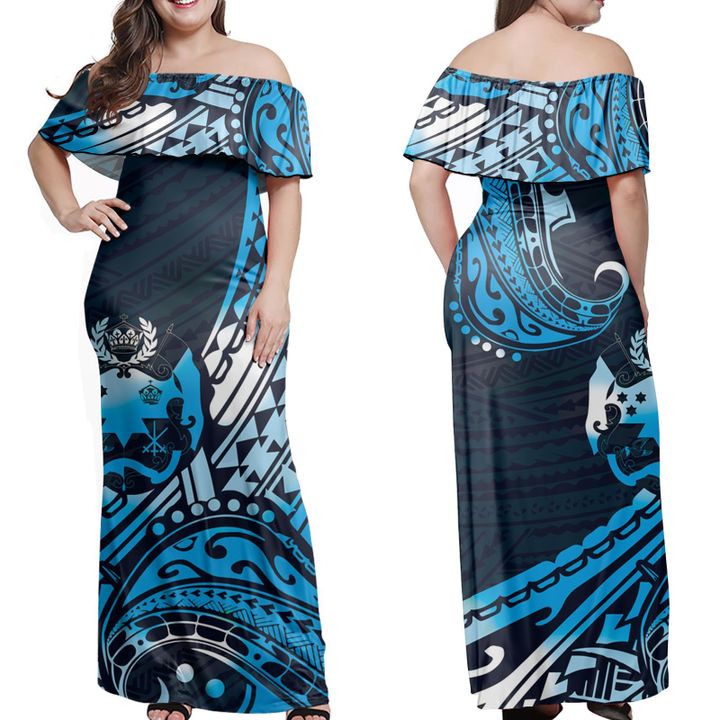 Sila Tonga Polynesian Pattern Turquoise Off Shoulder Long Dress Women Turquoise - Polynesian Pride