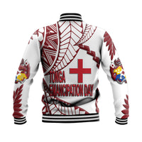 Tonga Emancipation Day Baseball Jacket Kupesi Pattern No.1 White LT9 - Polynesian Pride
