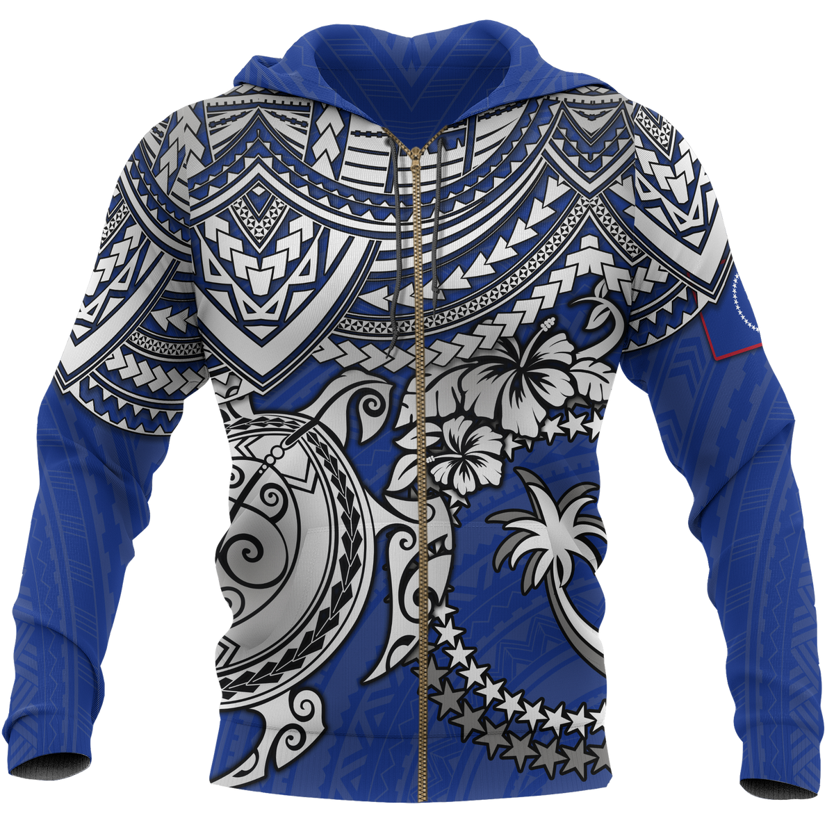 Chuuk Polynesian Hoodie (Zip up) White Turtle (Blue) Unisex Blue - Polynesian Pride