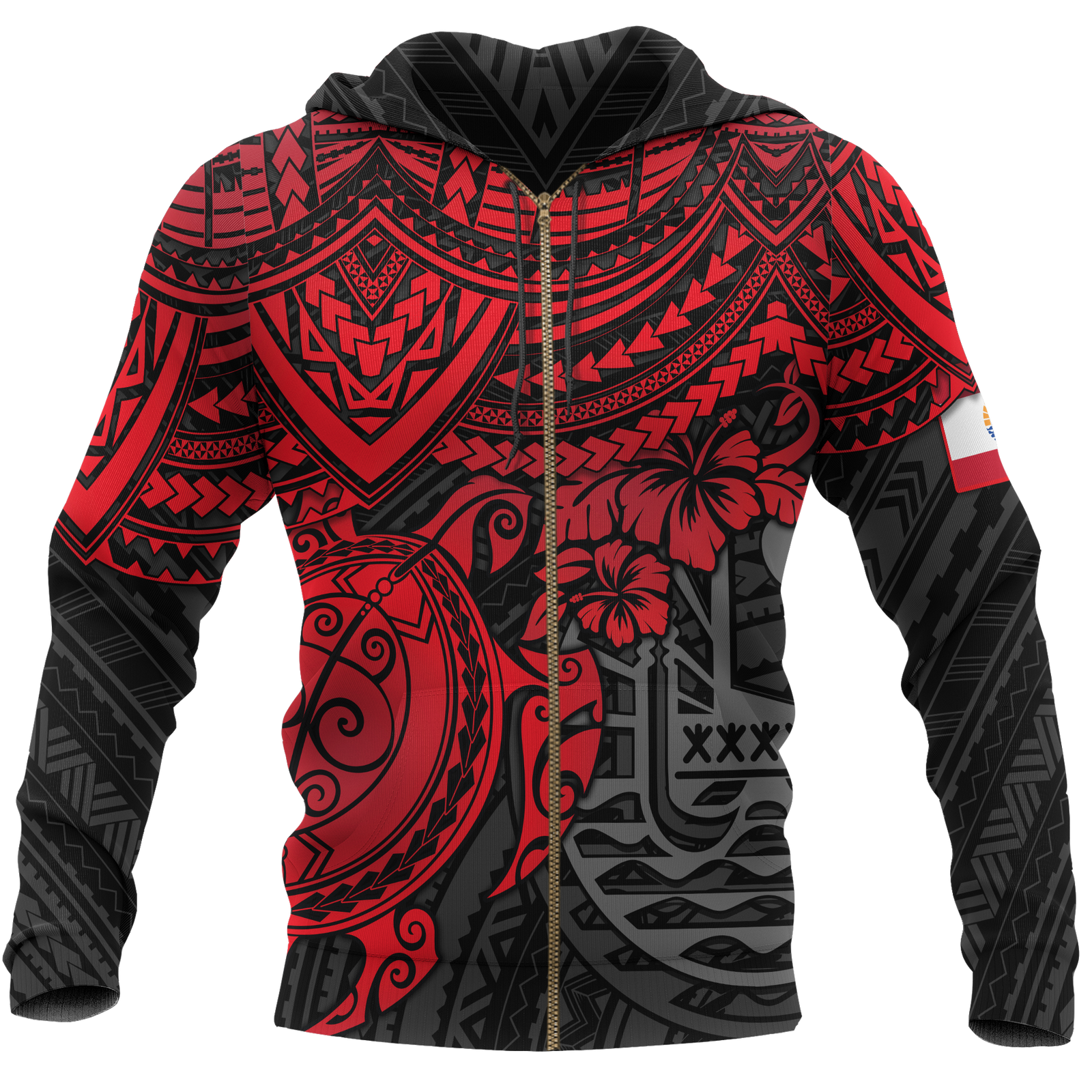 Tahiti Polynesian Hoodie (Zip up) Red Turtle Unisex RED - Polynesian Pride