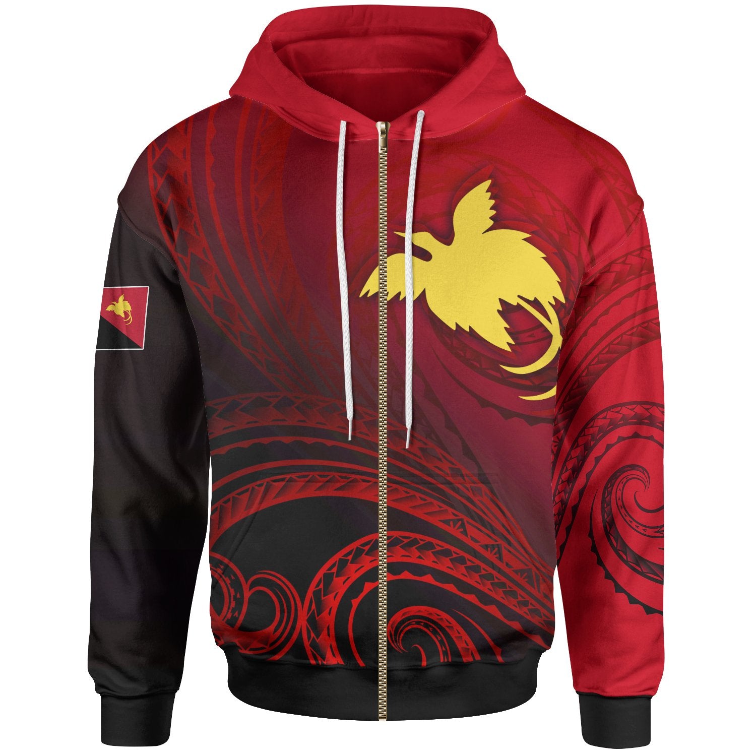 Papua New Guinea Zip up Hoodie Raggiana Bird of Paradise Polynesian Patterns Unisex Red - Polynesian Pride