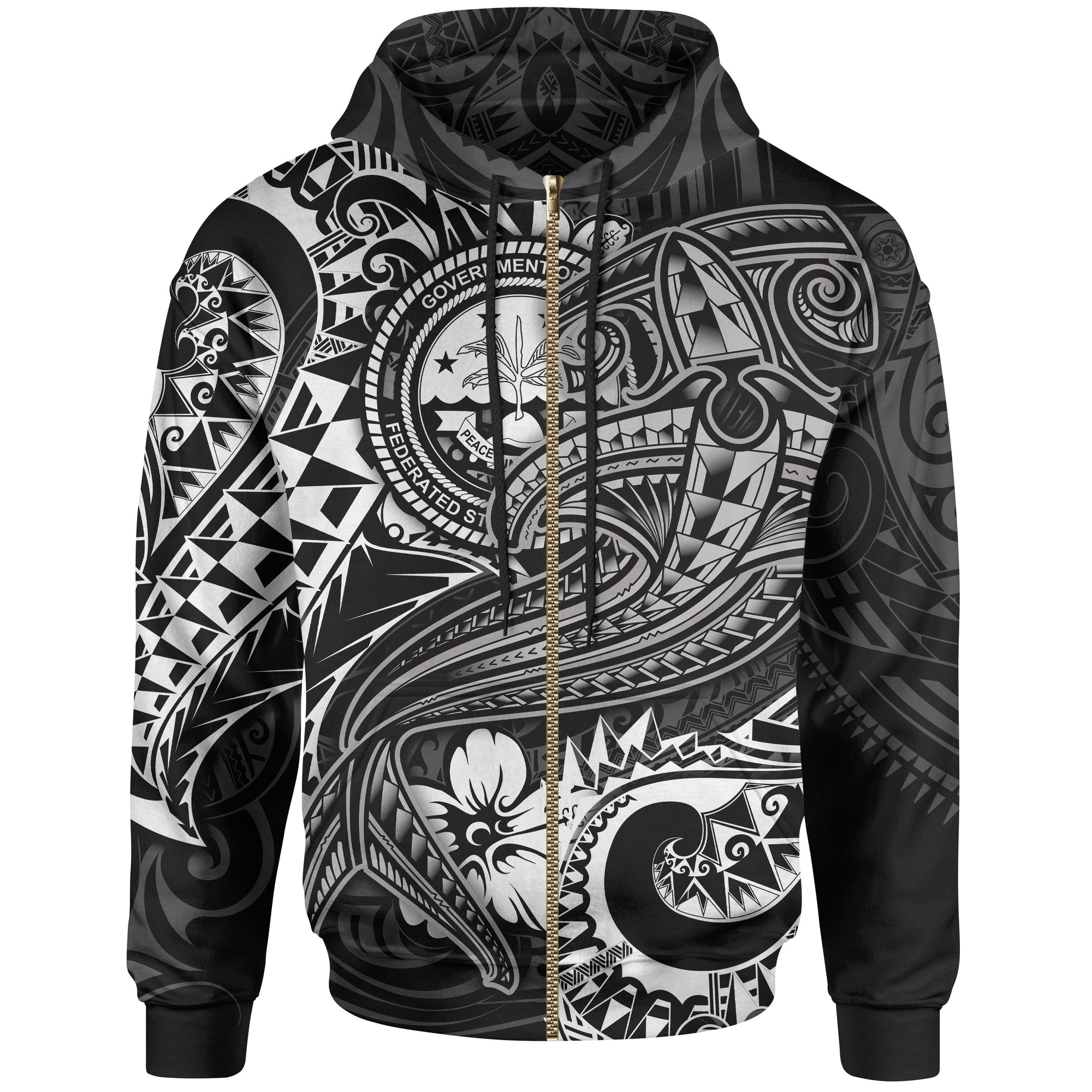FSM Zip up Hoodie White Shark Polynesian Tattoo Unisex White - Polynesian Pride