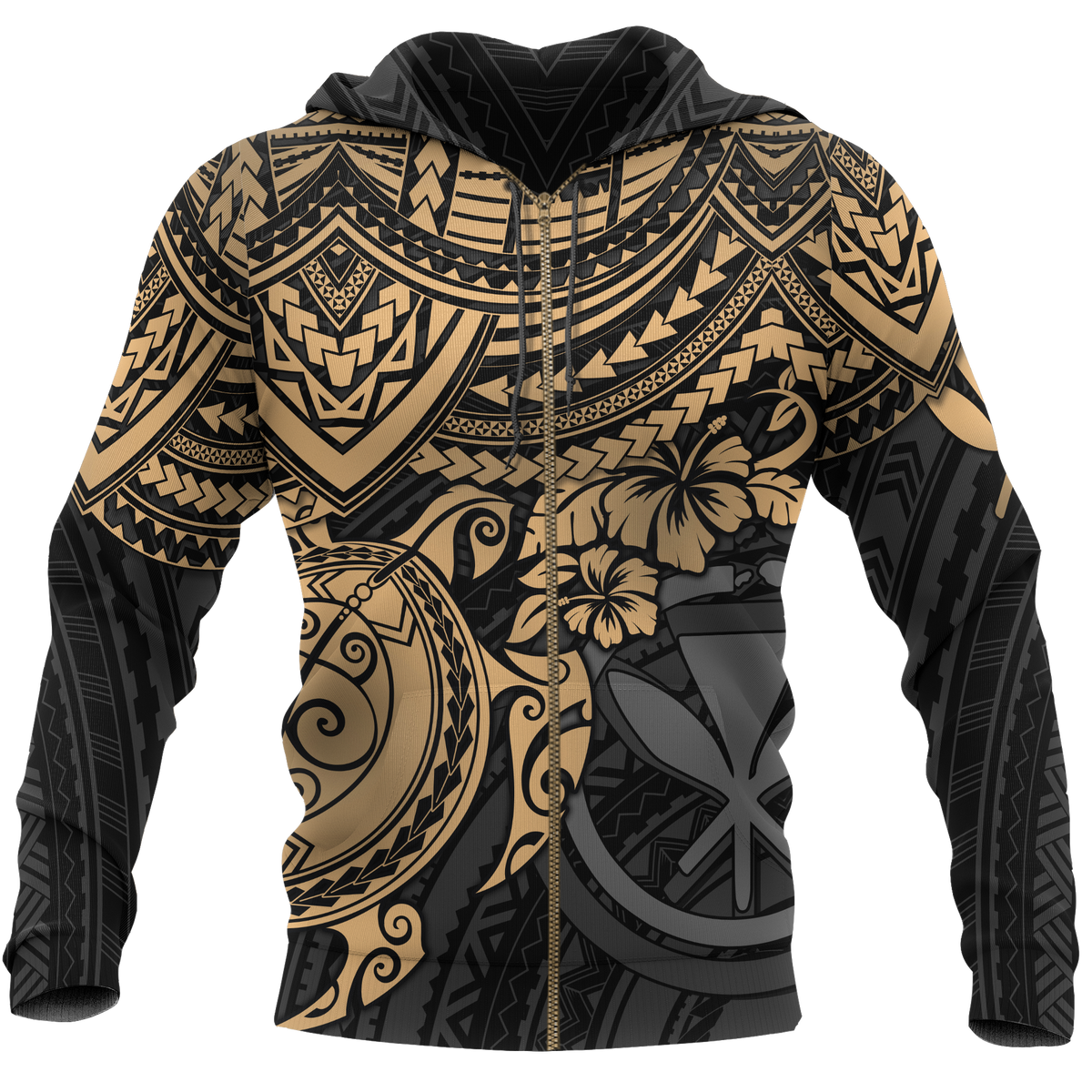 Polynesian Hawaii Hoodie (Zip up) Gold Turtle Unisex GOLD - Polynesian Pride
