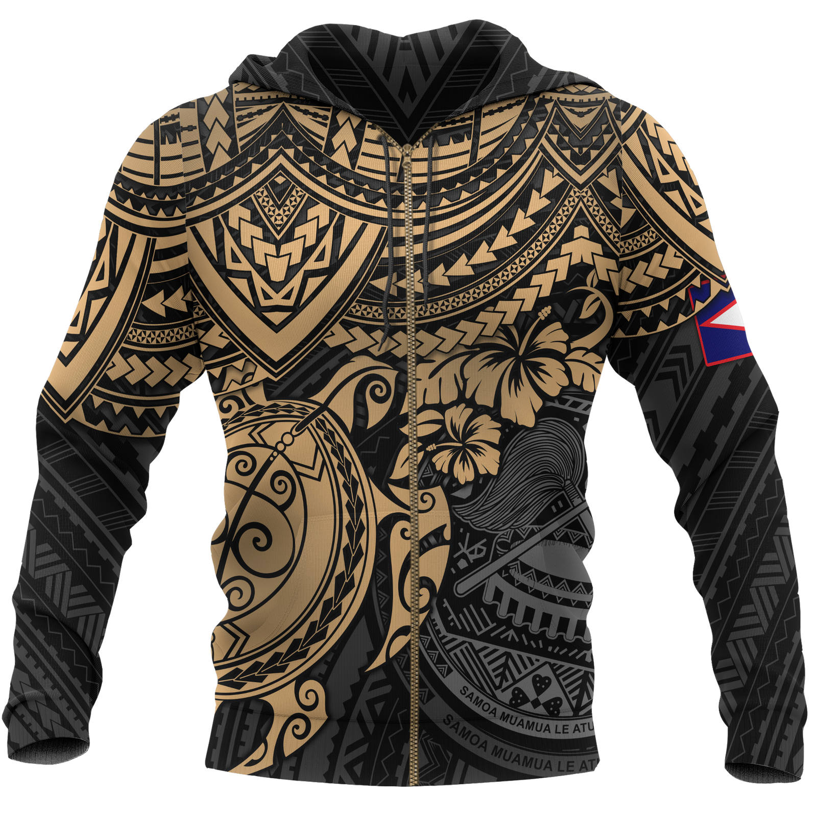 American Samoa Polynesian Hoodie (Zip up) Gold Turtle Unisex GOLD - Polynesian Pride