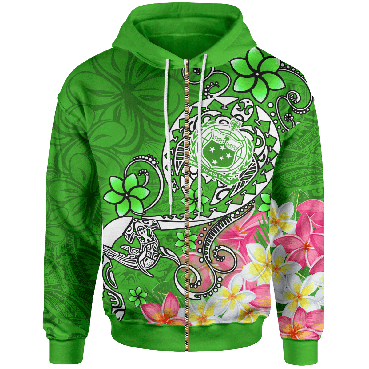 Samoa Zip up Hoodie Turtle Plumeria (Green) Unisex Green - Polynesian Pride