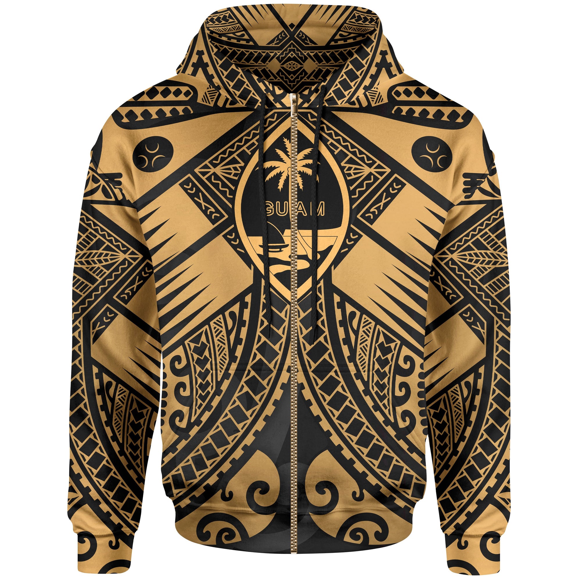 Guam Polynesian Zip up Hoodie Guam Gold Seal with Polynesian Tattoo Unisex Gold - Polynesian Pride