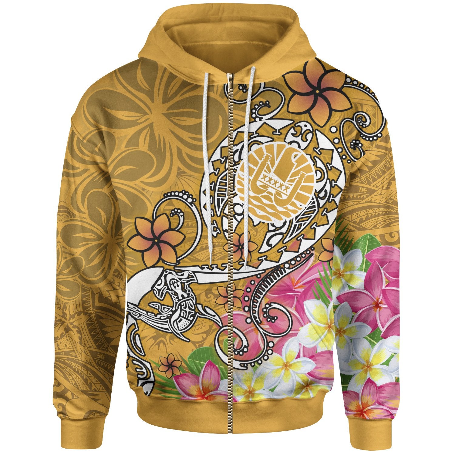 Tahiti Zip up Hoodie Turtle Plumeria (Gold) Unisex Gold - Polynesian Pride