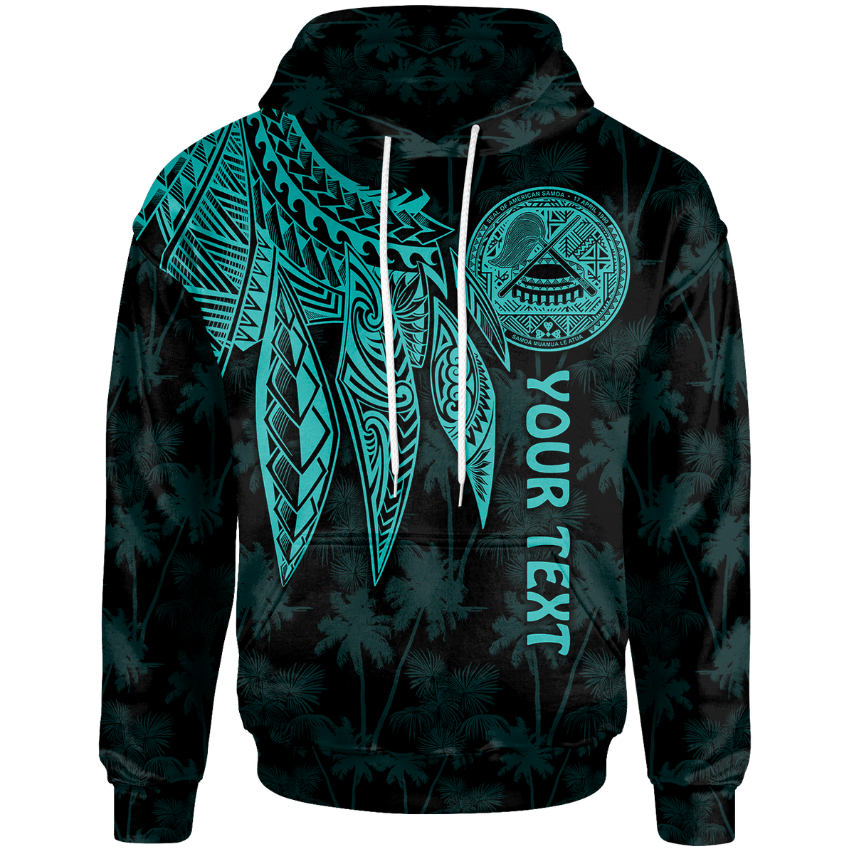 American Samoa Custom Hoodie Polynesian Wings (Turquoise) Unisex Black - Polynesian Pride