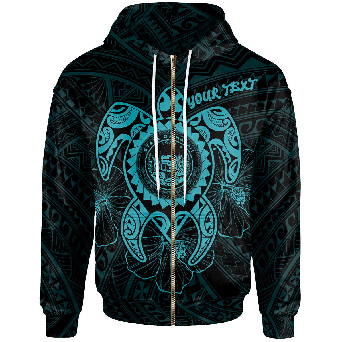 Hawaii Polynesian Custom Zip up Hoodie Vintage Polynesian Turtle (Turquoise) Unisex Turquoise - Polynesian Pride
