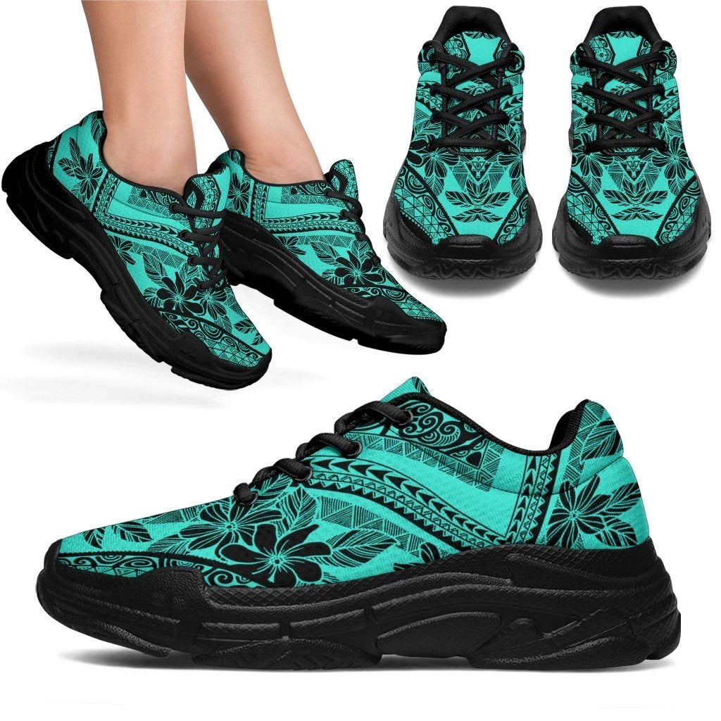 Polynesian Plumeria Mix Turquoise Black Chunky Sneakers - Polynesian Pride