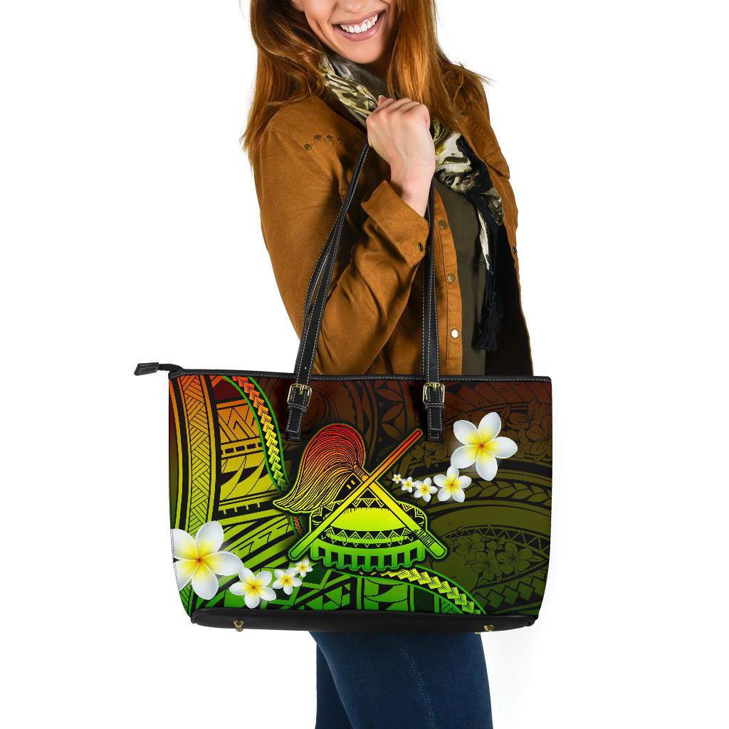 American Samoa Large Leather Tote - Seal Of American Samoa With Plumeria Flowers Black - Polynesian Pride