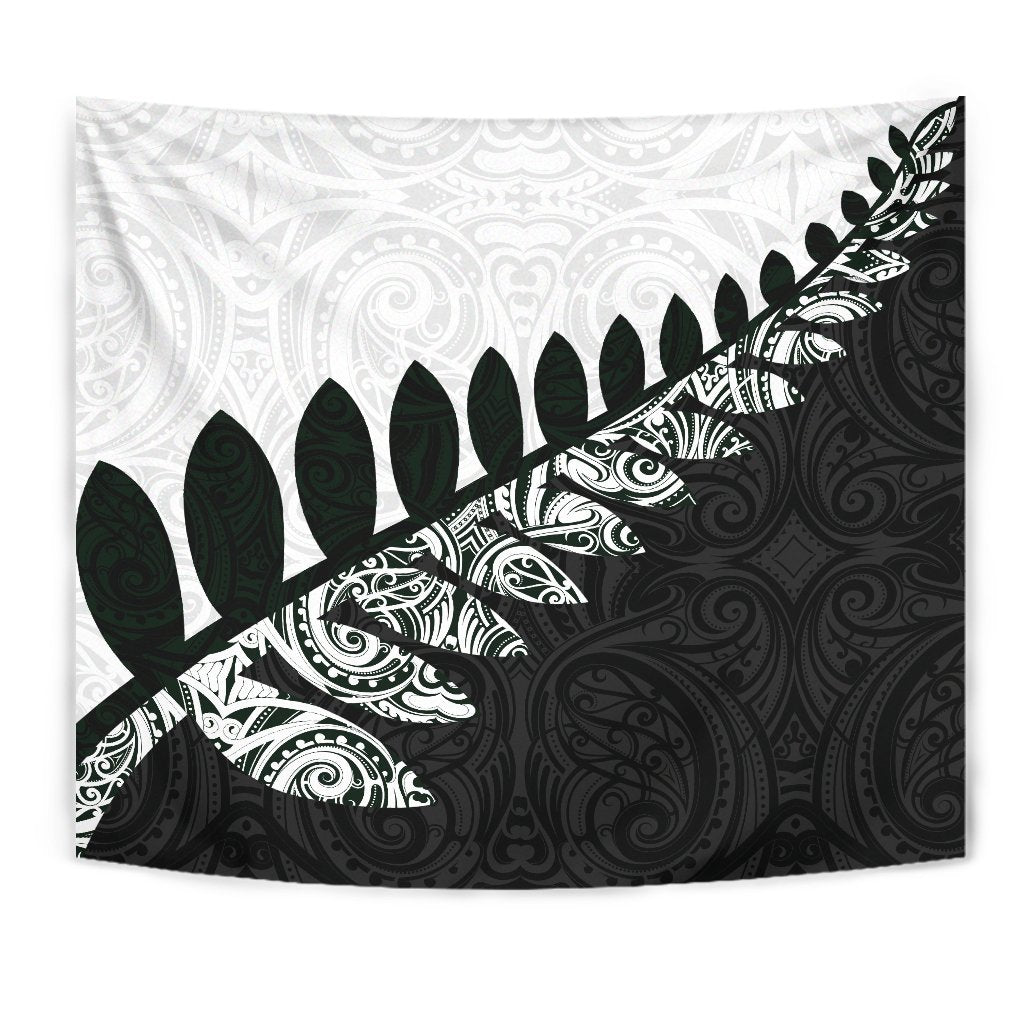 New Zealand Silver Fern Maori Tapestry Black White - Polynesian Pride