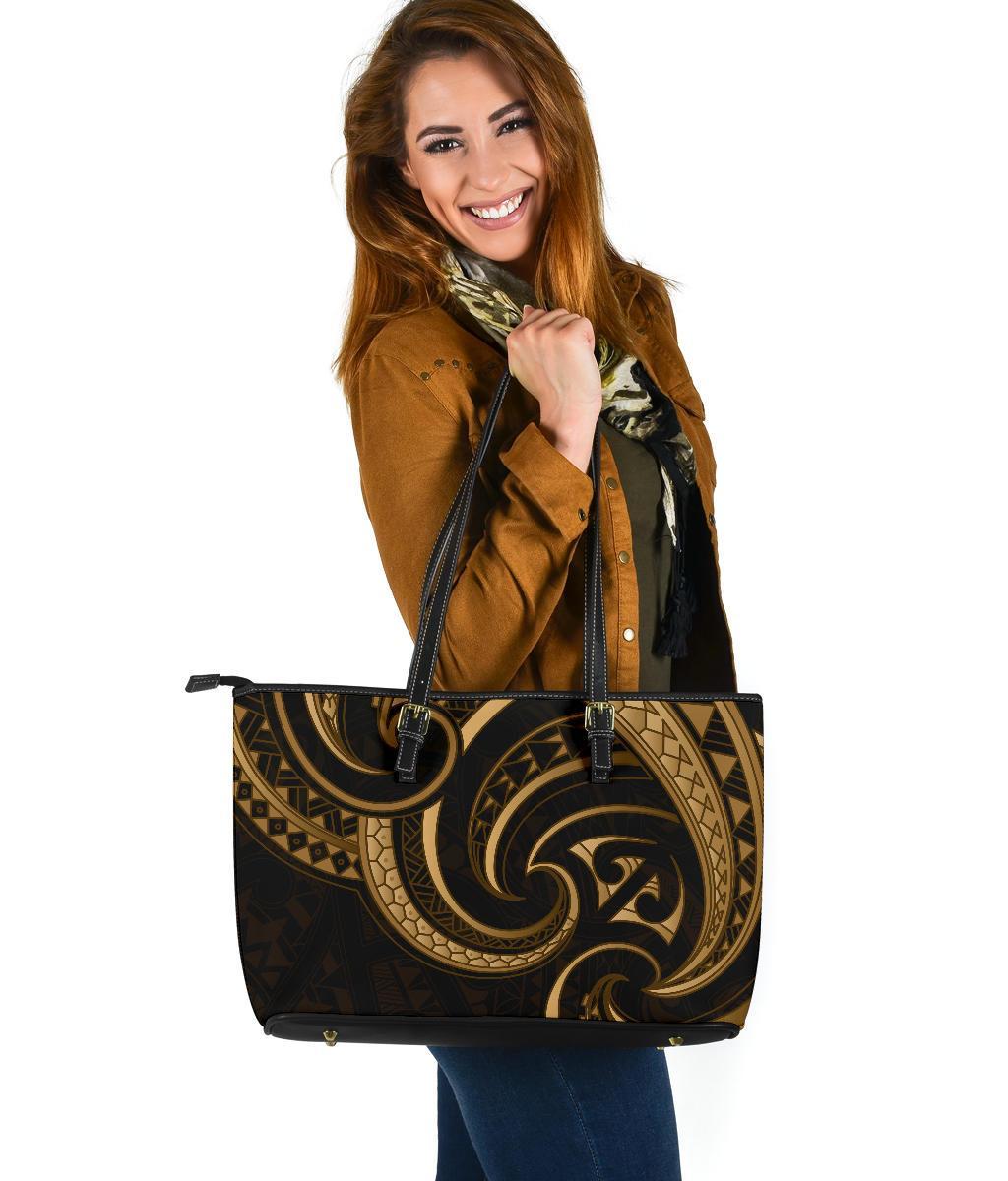 New Zealand Maori Mangopare Large Leather Tote Polynesian - Gold Gold - Polynesian Pride