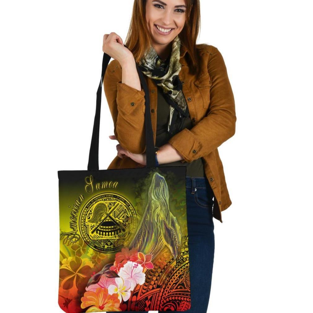 American Samoa Polynesian Tote Bags - Humpback Whale with Tropical Flowers Tote Bag One Size Yellow - Polynesian Pride