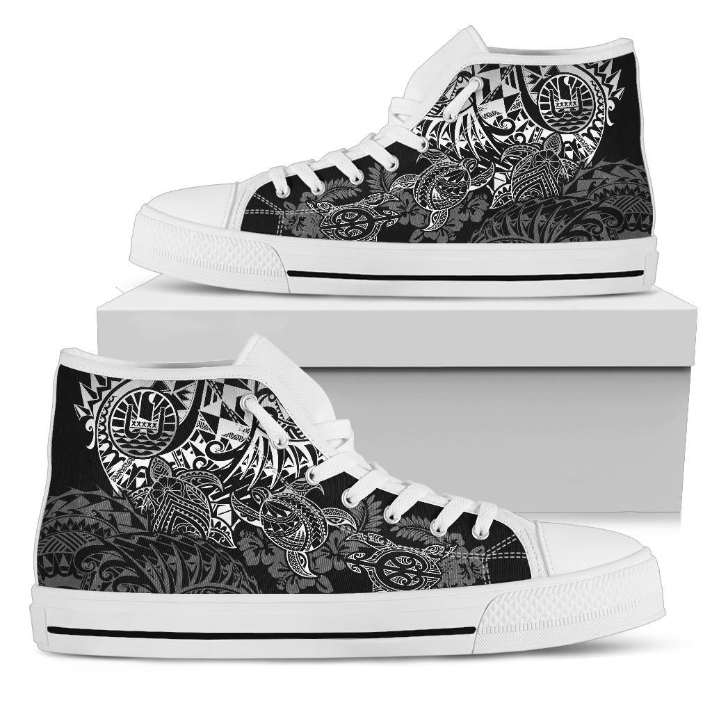 Tahiti Polynesian High Top Shoes - White Turtle Hibiscus Flowing Unisex White - Polynesian Pride