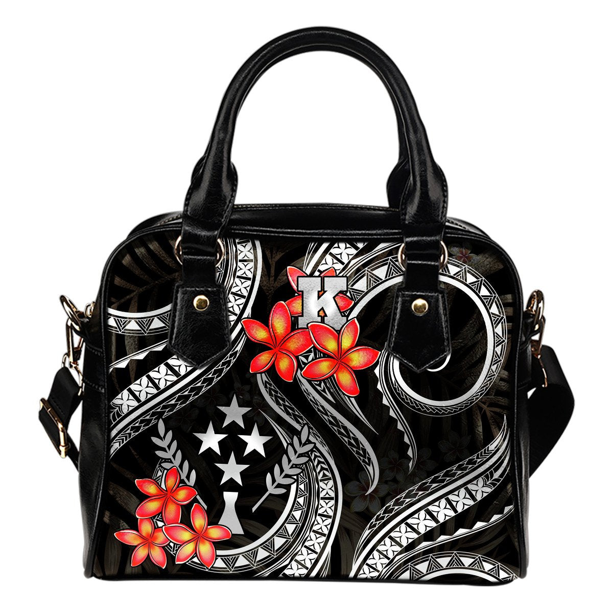 Kosrae Micronesian Shoulder Handbag - Black Plumeria One Size BLACK - Polynesian Pride