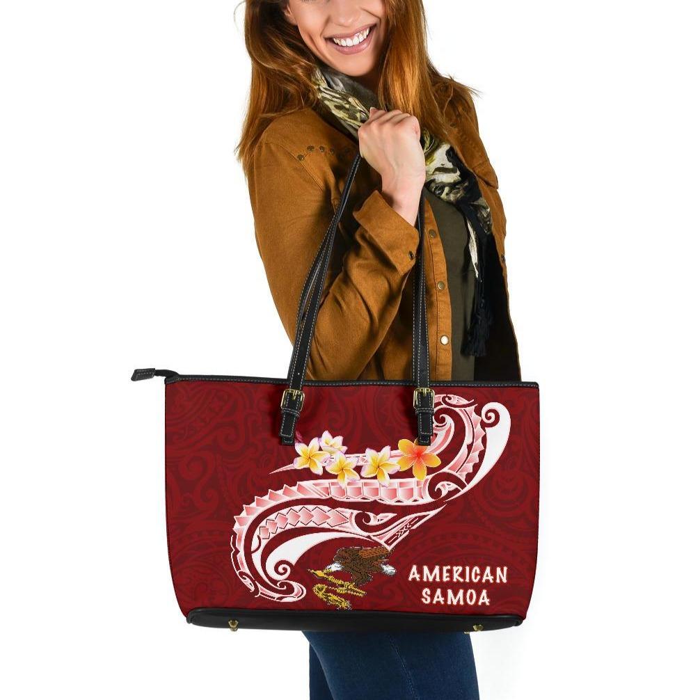 American Samoa Large Leather Tote Bag - AS Seal Polynesian Patterns Plumeria Red - Polynesian Pride