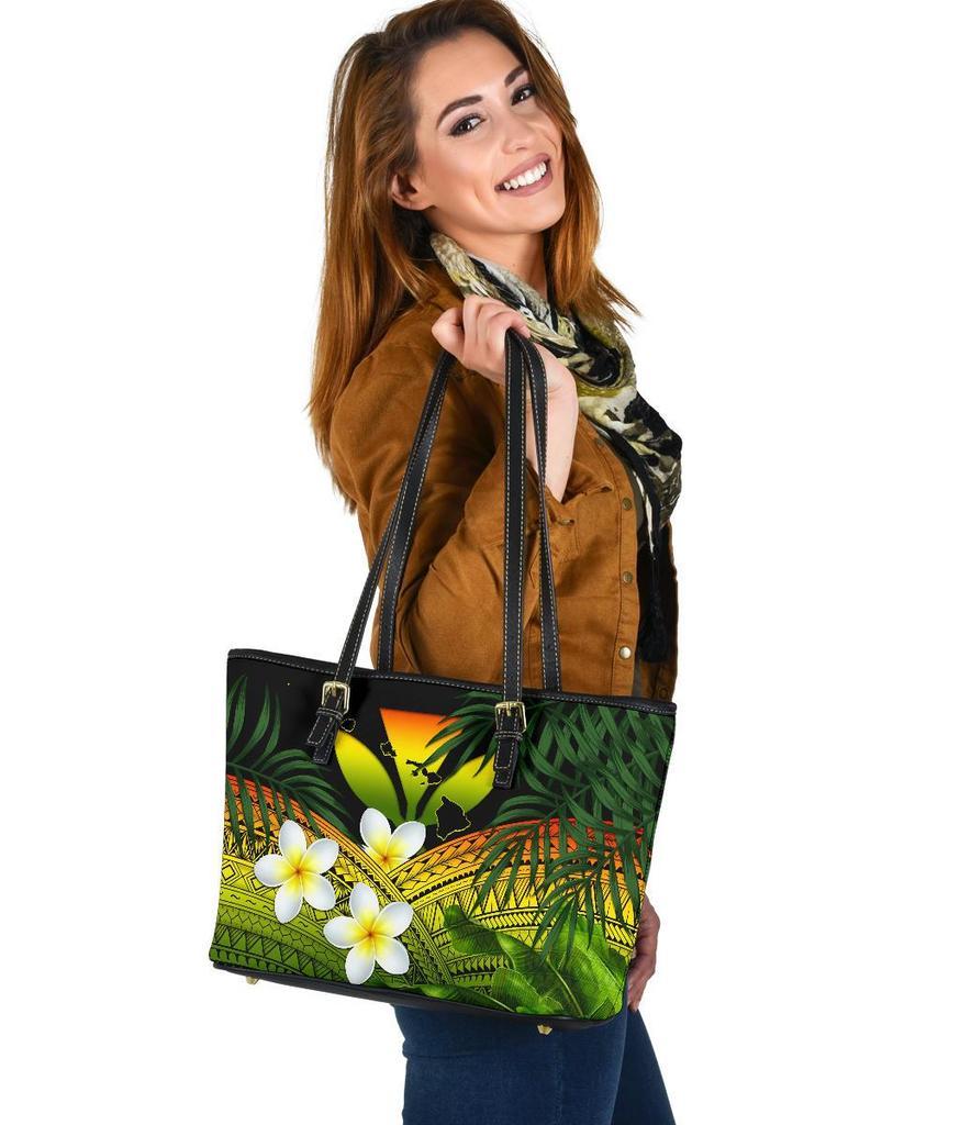 Kanaka Maoli (Hawaiian) Leather Tote Bag, Polynesian Plumeria Banana Leaves Reggae - Polynesian Pride