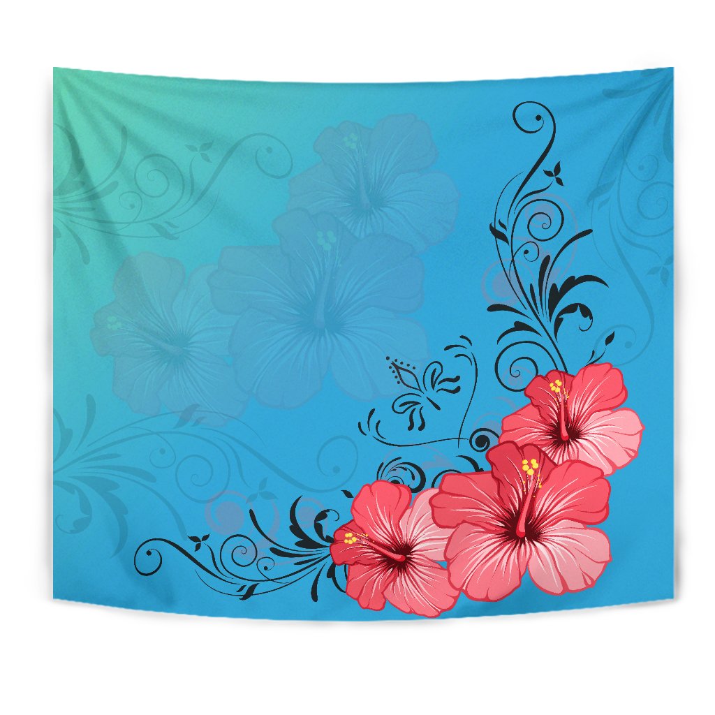 Hibiscus Flower Red Tapestry Wall Tapestry Blue - Polynesian Pride