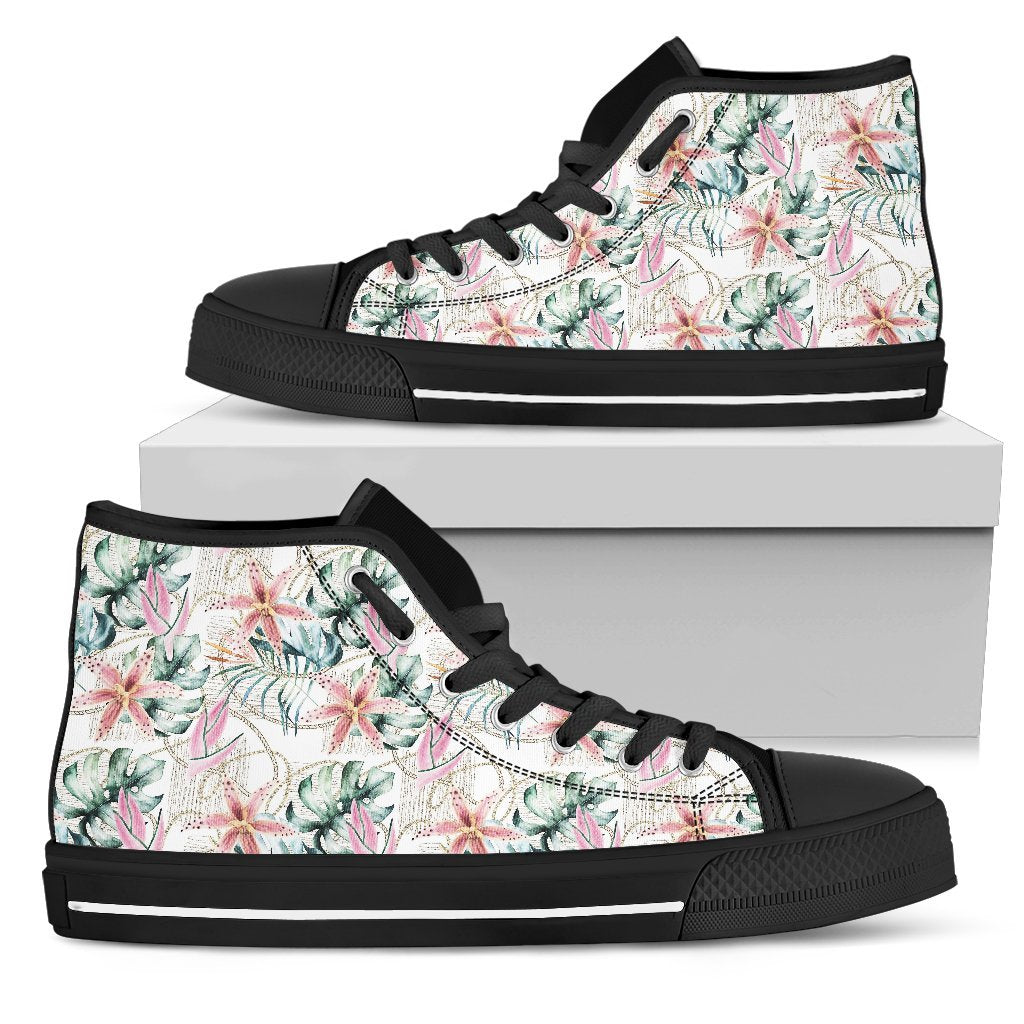 Hawaiian Shoes - Tropical Pattern With Orchids, Leaves And Gold Chains. High Top Shoes Womens High Top Black - Polynesian Pride